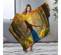 Throw Blanket For Bed A Woman In A Blue Dress Walks Through An Autumn Forest Flannel Blanket White Blanket Throw Blanket For Couch(150x200cm)