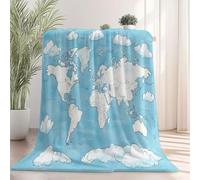 Throw Blanket for Kids 79"x79" Cozy Cartoon Style Fluffy Plush Blanket for Teen Boys Girls Children Gift, Soft Blue World Map Theme Flannel Throw Blankets for Bed Couch Sofa