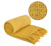 Emma Barclay Honeycomb - Recycled Cotton Plain Waffle Textured Chair Sofa Setee Throw Over Blanket in Ochre Yellow - 90x100 (228x254cm)