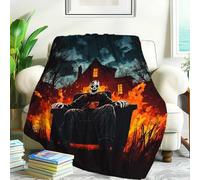 Throw Blanket Horror Movie Lap, Spooky Skull And House Fire Pattem Blanket Fluffy Cozy Blankets For Chairs All Season Bed 150x200cm