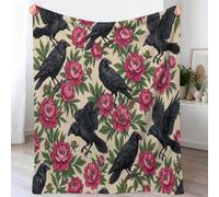 Throw Blanket, Plants Flowers Green Leaves Crows Printed Blanket for Kids Child Adults Soft Warm - Vintage Classic Lightweight Fluffy Flannel Blankets for Bed Sofa and Travel, 130x150 cm