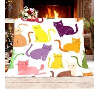 Throw Blanket Sofa Throw Cartoon Cat Pattern Fleece Fluffy Blanket Colorful Sherpa Blankets for Birthday Fathers/Mothers Day Kids Gifts for pet/baby 100x130 cm