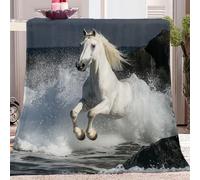 Throw Blanket White horse on isle Warm Fleece Blanket Soft Warm White And Gray Style Printed Flannel Blanket for Bed, Couch and Sofa 50 x 60 inch