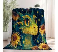 Throw Blanket with Cartoon Sunflower Cute Dragon Printed, Dark Blue Soft Cozy Fluffy Fuzzy Flannel Blankets for Toddler Kids Teen Birthday Gifts Home Sofa Couch Decor, 150×200 cm