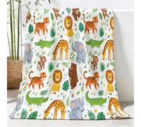 Throw Blankets Cartoon Elephant Giraffe Lightweight Bed Flannel Blanket 200x220 cm with Animal Lion Tiger Soft Fluffy Blanket for Sofa Couch Camping Picnic, Warm and Cozy Home Decor, White