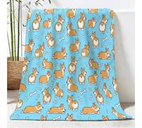Throw Blankets Cartoon Fun Lightweight Bed Flannel Blanket 180x220 cm with Animal Cute Corgi Soft Fluffy Blanket for Sofa Couch Camping Picnic, Warm and Cozy Home Decor, Blue