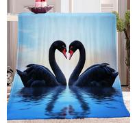 Throw Blankets Single Size, Soft Lightweight Cozy Flannel Fleece Blanket with Simple Black Swan Heart Shape Pattern for Kids Girls Women Gifts, Fuzzy Black Blue for Couch Bed Sofa 127 x 152 cm