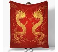 Throw Blankets Super King Size, Soft Lightweight Cozy Flannel Fleece Blanket with Traditional Golden Dragon Pattern for Kids Girls Women Gifts, Fuzzy Red Gold for Couch Bed Sofa 200 x 220 cm