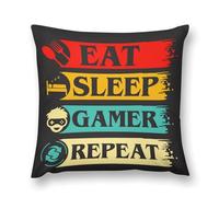 Throw Cushion Cover 45X45Cm Eat Sleep Gamer Repeat Gaming Pattern Pillowcases Print Durable Throw Pillow Case For Gifts, Girls, Boys
