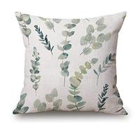 Throw Pillow Case 18 x 18 Inch Decorative Cotton Linen Cushion Cover for Sofa Couch Bed Green Leaf Watercolor Eucalyptus Branches Hand Floral with Plant White Natural Twig