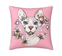 Throw Pillow Cover Sphynx Cat with Cherry Flowers Print Double Sided Plush Square Pillowcase Pillowcase Cushion 45cm X 45cm