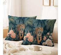 Throw Pillow Covers 40 x 40 CM Set of 2 Pack - Summer Maximalist, Exotic, Adventure Soft Velvet Pillow Covers for Sofa Bed Garden with Invisible Zipper Stripes, Tigers, Peonies, Daisies