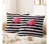 Throw Pillow Covers 40 x 40 CM Set of 2 Pack - Summer Modern, Vibrant, Fashionable Soft Velvet Pillow Covers for Sofa Bed Garden with Invisible Zipper Pink Flamingo, Love Hearts, Stripes