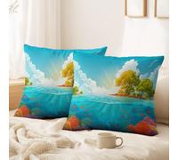 Throw Pillow Covers 40 x 40 CM Set of 2 Pack - Summer Serene, Warm Soft Velvet Pillow Covers for Sofa Bed Garden with Invisible Zipper Plants, Fish Shoals, Green Trees, White Clouds