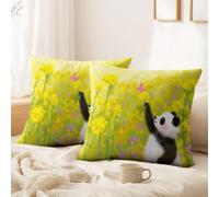 Throw Pillow Covers 50 x 50 CM Set of 2 Pack - Summer Light, Warm, Healing Soft Velvet Pillow Covers for Sofa Bed Garden with Invisible Zipper Giant Pandas, Butterflies