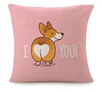 Throw Pillow Covers For Couch Cute Smile Welsh Corgi Dog Cartoon Decorative Square Bed Or Sofa Pillows Case Pink Funny Animal Puppy Happy Fluffy Friendly Lovely Purebred Linen Cushion Cover 18X18 Inch