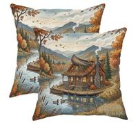 Throw Pillow Covers Orange Lake Mountain Autumn Cabin Easy Clean Throw Pillow Cases Wrinkle-Free Cushions For Balcony Bedroom Living Room 2 Pack