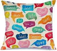 Throw Pillow Covers Pattern Spanish Speech Bubbles French Hello World On International Square Throw Pillow Case Fashion Decorative Pillowcases, For Bedroom, Bed, Party, 45x45cm