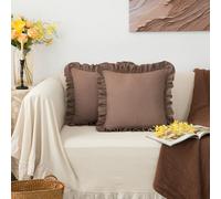 Throw Pillow Covers Set of 2 Cotton Ruffle Flounces Trim Washed 100% Cotton Solid Retro Square 18x18 Inches Decorative Pillow Cases Rustic Cushion Case for Sofa Couch Decor Chocolate Brown
