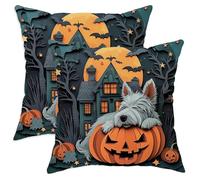 Throw Pillowcase Halloween Scottish Terrier Dog Haunted Houses Pillow Cover Super Soft Cushion Cover Gifts For Women For Sofa Bed Bedroom 2 Piece 45X45 Cm