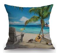 Throw Pillowcase Island Animals Animated Paradise Island Guitar On The Beach Cushion Cover Cozy And Breathable Cushion Covers For Office Bedroom Livingroom 45x45 CM