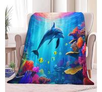 Throw Printed Blanket Coastal Coral Reef Animal Dolphin, Plush Ultra-Soft Blue Flannel Throw Blanket for Kids and Adults - Perfect for Bed and Couch 39 × 51 inch