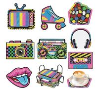 Throwback 80s 90s Diamond Painting Coasters Kit with Holder 8Pcs Retro 1980s 1990s Hip Hop Gem Mosaics Arts Rhinestone Painting Coasters Crafts for Adults Handmade Gifts Home Decoration Supplies
