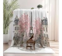 Throws Blankets 130×150 cm, Watercolor Piano Romantic Eiffel Tower Luxurious Super Soft Warm Cosy Sofa Settee Bed Fleece, White Anti Allergy Kids Adults Blankets for Chair Office Plush