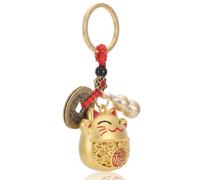 Thrymme Lucky Cat Keychain, Brass Maneki Neko Cat Keychain with Red String, Gourd, and Feng Shui Copper Coins, Japanese Style Good Luck Kitty Charms