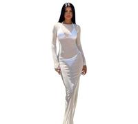THSCWY Sexy See-Through Mesh Maxi Dresses White Off Shoulder Swimsuit Coverup for Women Sheer Long Sleeve Bodycon Club Outfits