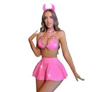 THSCWY Women's Little Devil Lacquer Leather costume Sexy Hanging Neck Bunny Short Skirt Set Devil Bodysuit and Ear Headban for Halloween Pink Medium