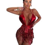 THSCWY Women's Sexy Sequin Deep V Swimwear Backless Tassel Style Bodysuit Bathing Suit Sparkle Glitter Rave Outfit Red
