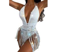 THSCWY Women's Sexy Sequin Deep V Swimwear Backless Tassel Style Bodysuit Bathing Suit Sparkle Glitter Rave Outfit White