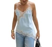 Thseonde Women Silk Satin Lace Top Spaghetti Strap Asymmetrical High Low Tops Side Split Camisole Tank Vest Shirt(Short Blue,S)