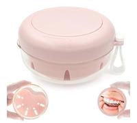 THSTOIC Denture Case & Cup, Travel Retainer Case with Mirror, No-Leak False Teeth Cleaning Container: Full & Partial Dentures Soaking, Denture Bath Holder for Mouth Guards, Braces, Aligners (Pink)