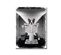 THUANCKY Metal Sign Boston Terrier Reading The Newspaper On Toilet Metal Tin Sign Home Bar Cafe Wall Decor Signs 12x16inch Tin Sign