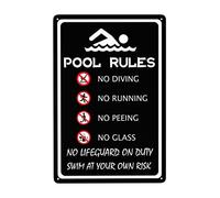THUANCKY Tin Sign Pool Rules Sign, No Diving No Running No Peeing No Lifeguard on Duty Sign for Pool Decor 8x12inch Tin Sign