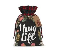 (Thug Life Flowers) Drawstring Gift Bags with Tag Plaid Candy Bags for Holiday Christmas Party Supplies S