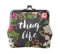 Thug Life Flowers Print Double Clasp Metal Frame Leather Kiss Lock Change Pouch Wallet for Women with Keys, Small Purses