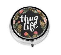 (Thug Life Flowers) Round Pill Box with 3 Compartments Small Portable Pill Organizer for Travel