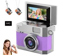 Thumb-Sized Flip Screen Mini Keychain Camera, Digital Retro CCD High-Definition Portable Small Camera, with Lanyard&180° Flip Screen, Video Mode & Beauty Filters, for Students (Purple,64GB)