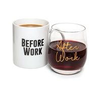 ThumbsUp! Before & After Work 300ml (10oz) Coffee Mug & Stemless Wine Glass Set - Work Friend Glass - Gift for Boss, Coworker, Office Friend - New Job Glass