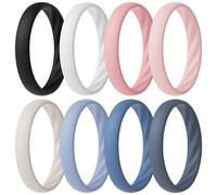 ThunderFit Silicone Ring Wedding Bands for Women, Elegant Wavy Grooves, 4mm Wide, 1.6mm Thick, Breathable, Women's Rubber Engagement Rings, 8-Pack (V-ZB), 11.5 - 12 (22.00mm), Silicone, No Gemstone