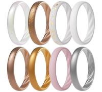 ThunderFit Silicone Ring Wedding Bands for Women, Elegant Wavy Grooves, 4mm Wide, 1.6mm Thick, Breathable, Women's Rubber Engagement Rings, 8-Pack (A-G), 5.5 - 6 (16.50mm), Silicone, No Gemstone