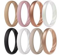 ThunderFit Silicone Ring Wedding Bands for Women, Elegant Wavy Grooves, 4mm Wide, 1.6mm Thick, Breathable, Women's Rubber Engagement Rings, 8-Pack (A-G), 4.5 - 5 (15.70mm), Silicone, No Gemstone