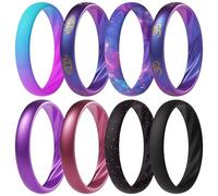 ThunderFit Silicone Ring Wedding Bands for Women, Elegant Wavy Grooves, 4mm Wide, 1.6mm Thick, Breathable, Women's Rubber Engagement Rings, 8-Pack (O-U), 12.5 - 13 (23.00mm), Silicone, No Gemstone