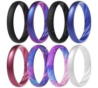 ThunderFit Silicone Ring Wedding Bands for Women, Elegant Wavy Grooves, 4mm Wide, 1.6mm Thick, Breathable, Women's Rubber Engagement Rings, 8-Pack (A-G), 4.5 - 5 (15.70mm), Silicone, No Gemstone