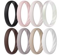 ThunderFit Silicone Ring Wedding Bands for Women, Elegant Wavy Grooves, 4mm Wide, 1.6mm Thick, Breathable, Women's Rubber Engagement Rings, 8-Pack (A-G), 4.5 - 5 (15.70mm), Silicone, No Gemstone