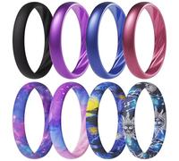 ThunderFit Silicone Ring Wedding Bands for Women, Elegant Wavy Grooves, 4mm Wide, 1.6mm Thick, Breathable, Women's Rubber Engagement Rings, 8-Pack (O-U), 8.5 - 9 (18.90mm), Silicone, No Gemstone