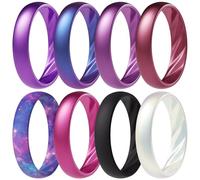 ThunderFit Silicone Ring Wedding Bands for Women, Elegant Wavy Grooves, 4mm Wide, 1.6mm Thick, Breathable, Women's Rubber Engagement Rings, 8-Pack (O-U), 11.5 - 12 (22.00mm), Silicone, No Gemstone